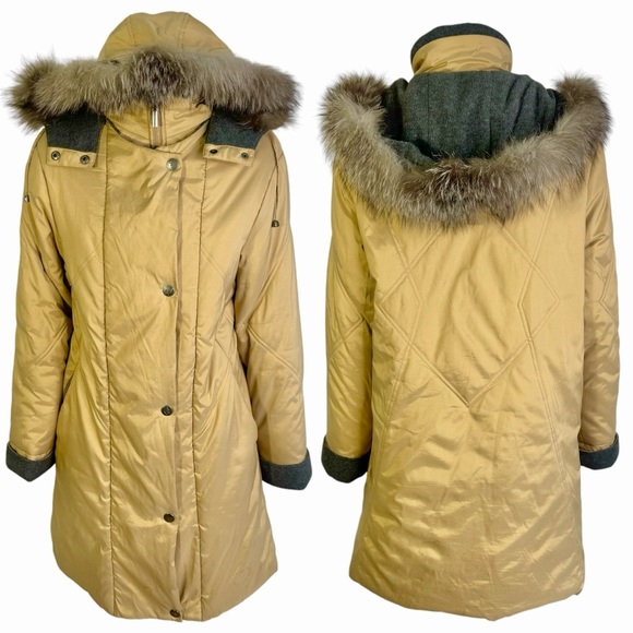 FEMINELLA BROWN PARKA COAT LONG WINTER TAN COAT FUR TRIM ON HOODIE SIZE SMALL - Picture 1 of 13